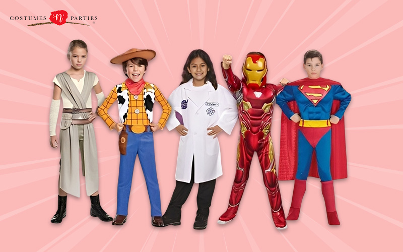 Children in Rey, Woody, scientist, Iron Man and Superman costumes.